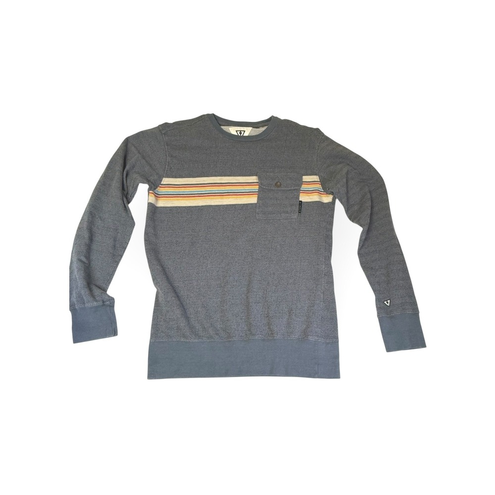 VISSLA Mens Long Sleeve Crewneck Sweatshirt Gray Herringbone Stripe Pocket Small